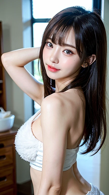 1girl, (erika) poses in front of the camera, (looking at viewer:1.2),cute smile, rooftop, cityscape background