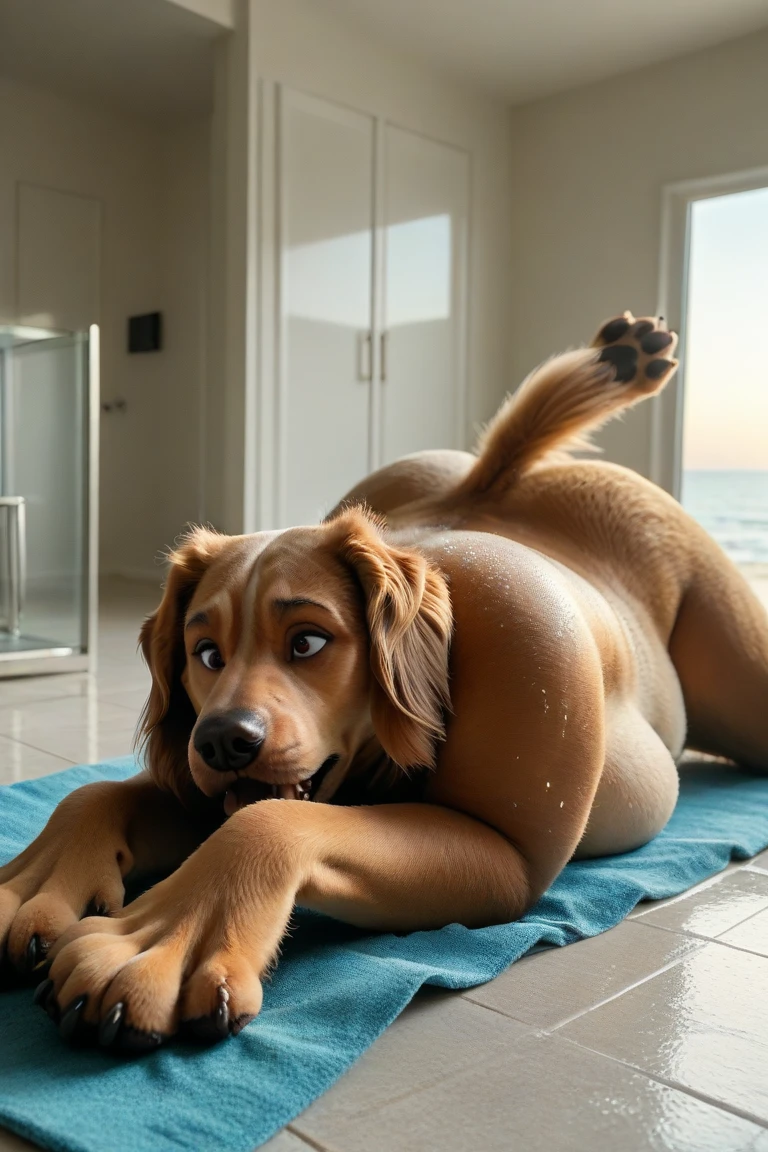 NSFW (nude) (Melissa Benoist (human) medium breasts, strip of pubic hair) full body, cunnilingus, getting her pussy licked from a (male white pitbull dog with a dog penis), on a deserted beach