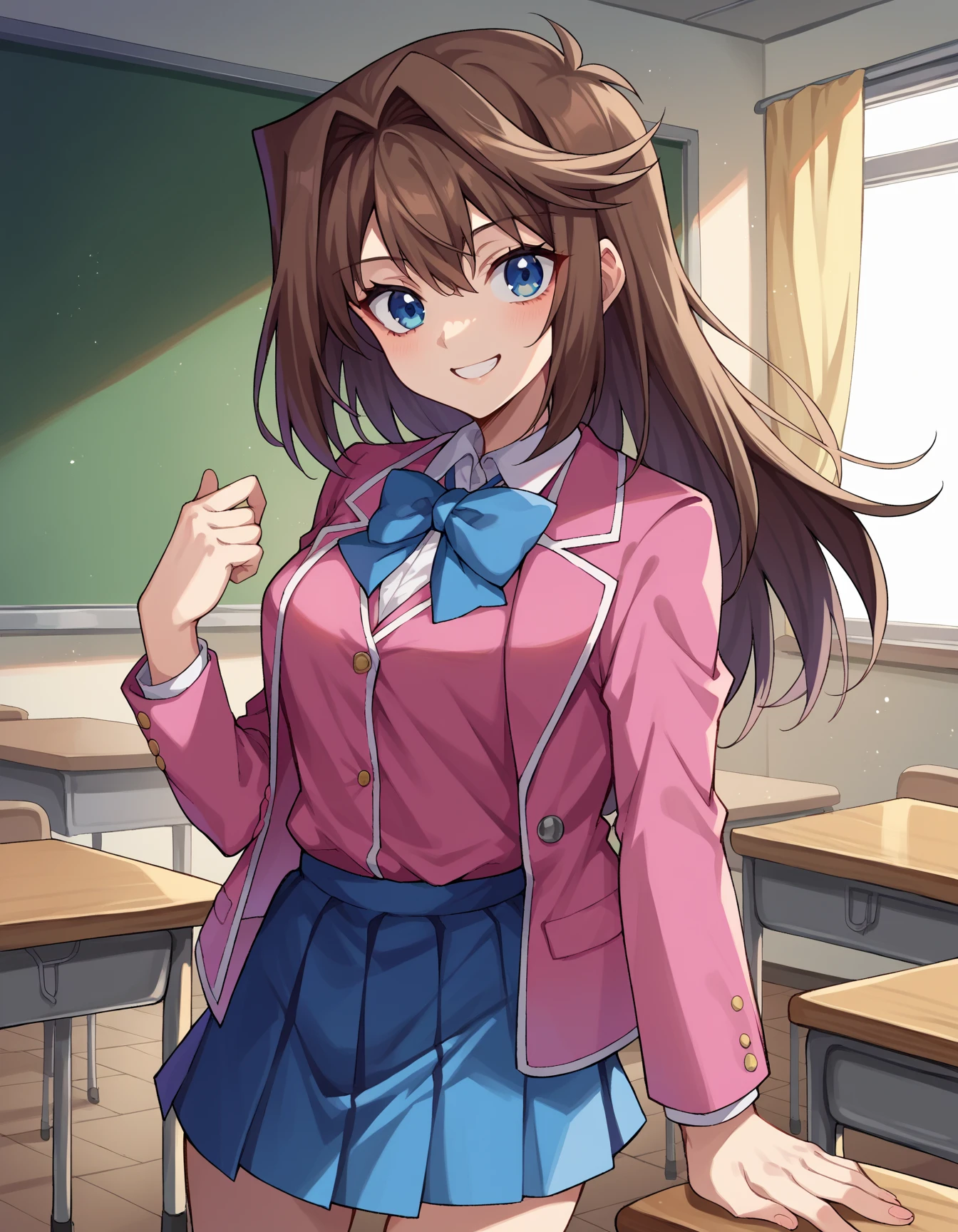 masterpiece,best quality,1girl,mazaki anzu,bbmazaki,ponytail,hair scrunchie,necklace,blue bowtie,pink jacket,blazer,long sleeves,blue skirt,pleated skirt,thighs,smile,blush,classroom,<lora:CHAR-yugioh-Mazaki Anzu_v1-h_madoka:0.7>,
