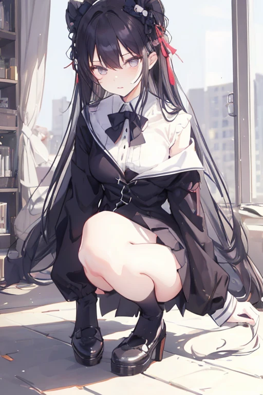 1girll, 16 yaers old, full bodyesbian, Bigger than the building,No shoes，{Black stockings}，Black jacket with white shirt ，Blue tie，Dark gray hair，Wolf ears，Light red eyes，A cold expression， Destroyed buildings, Sit on a destroyed building，People who have been trampled on the ground，blood on ground，GTSCity, As a giantess, Bright pupils, Smile, Naughty face, 16k, High quality, High details, Anatomically correct, Textured skin，The feet emit steam，