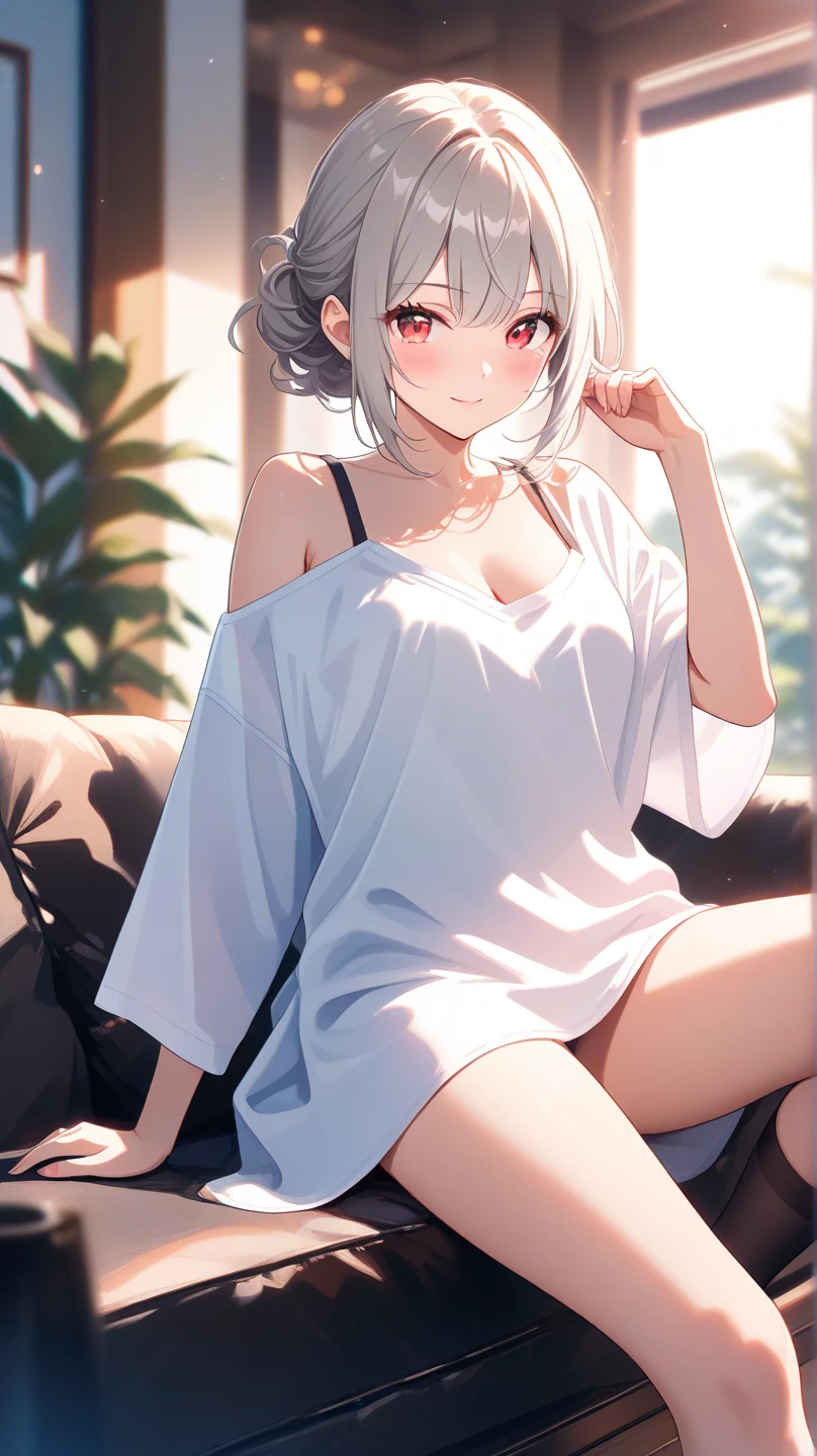 (masterpiece、top-quality、8K ),intricate detailes、One cute and beautiful girl、Short, Silver curly hair、Hanikami laughter、red blush、((Dub Dub T-shirt:1.3)),(There is no bottom、no-bra:1.3),Moe Sleeve、thighs thighs thighs thighs、inside in room、ultra-detailliert