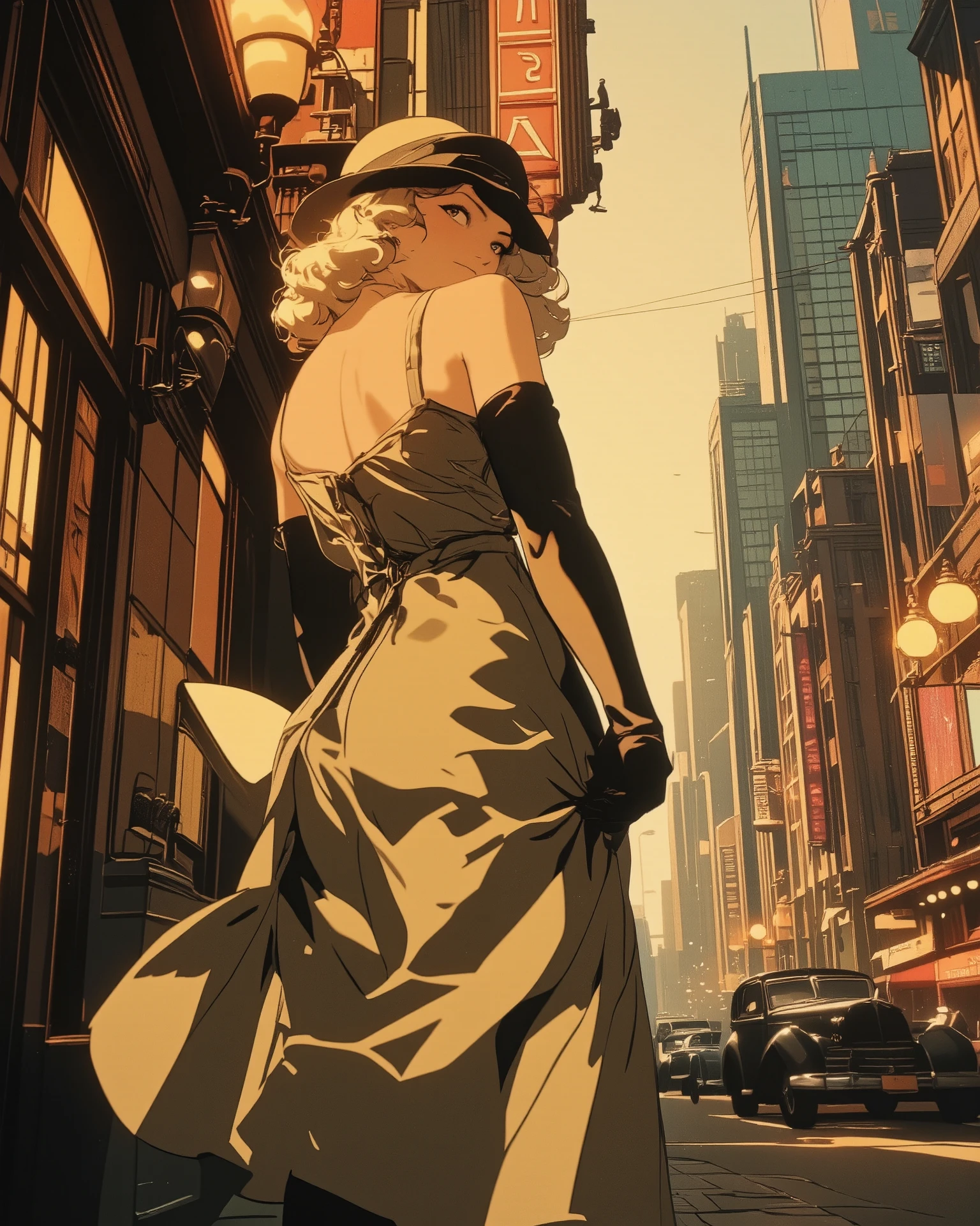 1930s, a mischievous pin-up girl vibe, giving a cute, squinty smile, elegant pinup girl in silk bias-cut midi dress, soft finger waves hairstyle, delicate geometric Art Deco patterns, long gloves and cloche hat,
dancing on an Art Deco city street with vintage automobiles and theater marquees, soft diffused lighting,