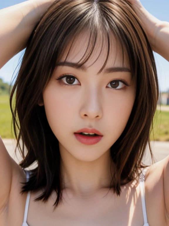 Highest quality、Ultra-high resolution、(Realistic)、18-year-old girl、((((I'm taking off my dress, I can see your nipples、hands put on knees)), Hyper Detail、Super Realistic、(Realistic)、More about beautiful skin、(masterpiece:1.0)、(Highest quality)、(Ultra-high resolution)、8K resolution、Canon EOS R5、135mm、Absurd、Very detailed、Sharp focus、Fine skin、(((Chirarizum、Small breasts、Brown Hair)))