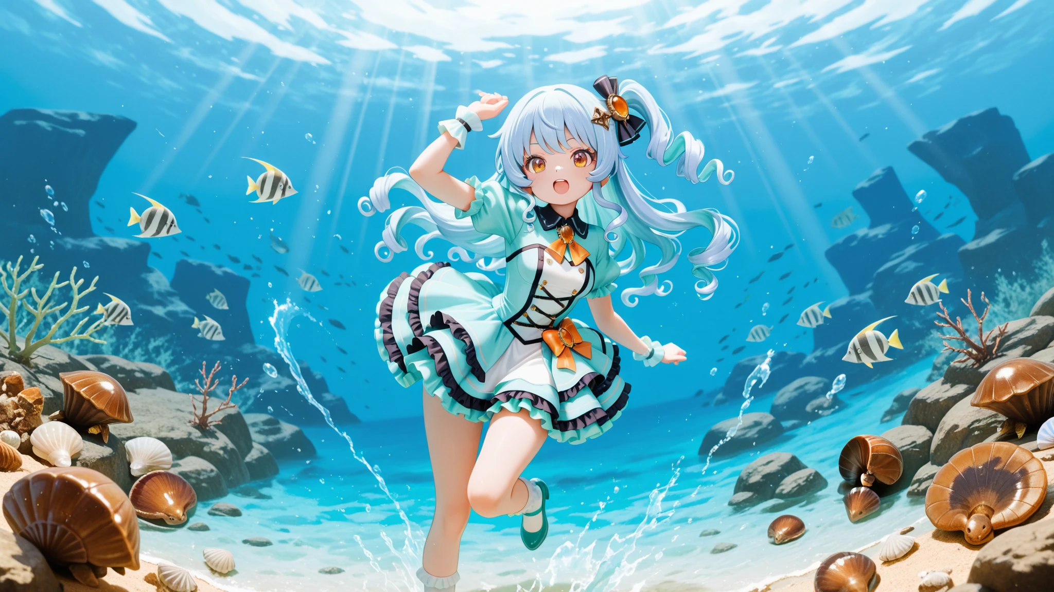 masterpiece, highest quality, amazing quality, perfect face, highest resolution, anime style, hentai anime style, 3DCG style, 1girl, solo, Umizukuri Anmo, Ammonite Girl, light blue hair, curly hair, curly bangs, green swirly hair with one point, light blue hair with one point green stripe hairstyle, long hair, amber eyes, lots of highlights, small ammonite hair ornament, ammonite shell, water shavings, ,(dress with ammonite shell as one point, light blue and teal idol style dress, gothic style dress, amber brooch, wearing socks with many frills on one side), ,