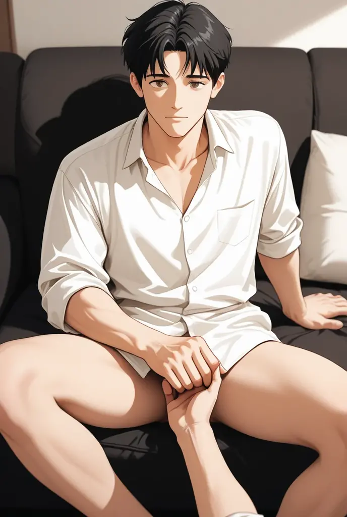 Naked man sitting on a table with legs spread sensually