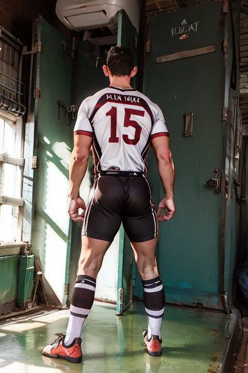 masterpiece,best quality, (An 18-year-old boy with extraordinary development:1.2), （Tall and fit body），(Kneeling upright on the campus grass),Look up at the characters，Front view，Stay away from the camera，Broad and straight shoulders,Muscular shoulders，（Extremely strong body），Muscular body，Fitness，Perfect body proportions，Inverted triangle figure，Biceps，Highlight muscle texture， Muscular body，Slender and toned legs，Wearing a Soccer Suit，Football Socks，Small head，Handsome and cute face，Perfectly detailed facial features,Looking at the camera，A serious and angry expression，leaning back,head tilt, happy, very short hair, brown hair,(looking at viewer:1.2)，full body，Vision