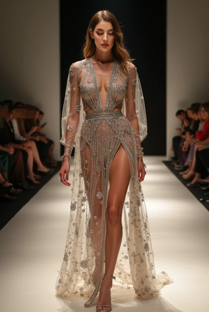 ((Masterpiece)) standing (((sheer party dress))) ((high-slit)) portrait of (Gigi Hadid:1.1) as a Arabian slave concubine in the style of ((Sean Archer Photographer)) standing in front of (solid grey background:1.3) and facing the camera, (nipples), ((no panties)), ((pubic hair)), Josh Ryan photography, Unreal Engine 5, torso, (standing with legs apart), thigh gap, toned, fit, ultra detailed, detailed labia, skin texture, skin pores, hyper realistic, perfect face, perfect eyes, same eyes, 8K, HDR, muted colors, clamshell lighting, global illumination, wind blown hair