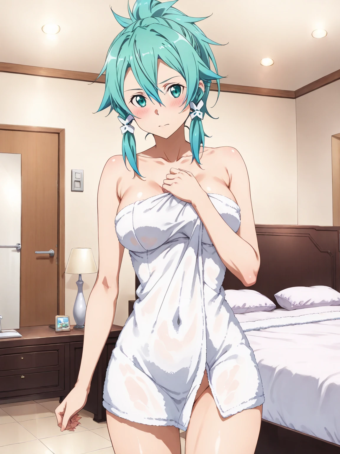 (((Highest quality,High resolution,Pixel perfect,Noise Reduction,Beautiful Anime,Smooth Skin,Glowing Skin,Soft Skin,Detailed face,1people,No text,No dialogue,No sound effects,No manga))),(((Sinon,Green Hair,short hair,Green Eyes,Hairpins in the bangs))),(((White super micro bikini,White knee-high socks,))),((front,Eyes meet,White bedroom,On all fours on the bed))