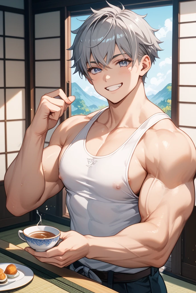 TAN SKIN, Teenage MAN, boy, (masterpiece, best quality), KujouCSA, break, 1boy, (Teenager), 15 years old, (((15 YEARS))) ???????, shirtless, alone, muscular chest, chiseled abs, body full of muscles, yellow eyes, dark silver hair, (((DARK SILVERHAIR))) (DARK SILVER HAIR) spiky hair, hair shaved on the sides, wearing a tiny thong revealing huge muscular thighs, bulge in the ??????, evil smile, fang, intimidating expression, dark skin, dark-skinned man, attractive, teenager, toned pecs, muscular arms, bull neck, smile, aesthetics, look at viewer, upper body photo, university classroom, rest, garden manor. (((short spiked hair))) (((short spiked hair))) (((15 YEARS))) (((15 YEARS))) (((15 YEARS)))