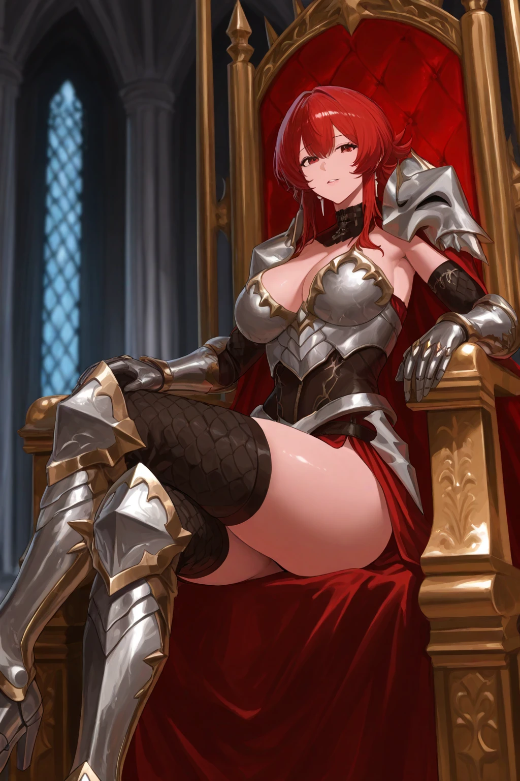 Medieval red-haired knight in sexy armor with exposed genital areas
