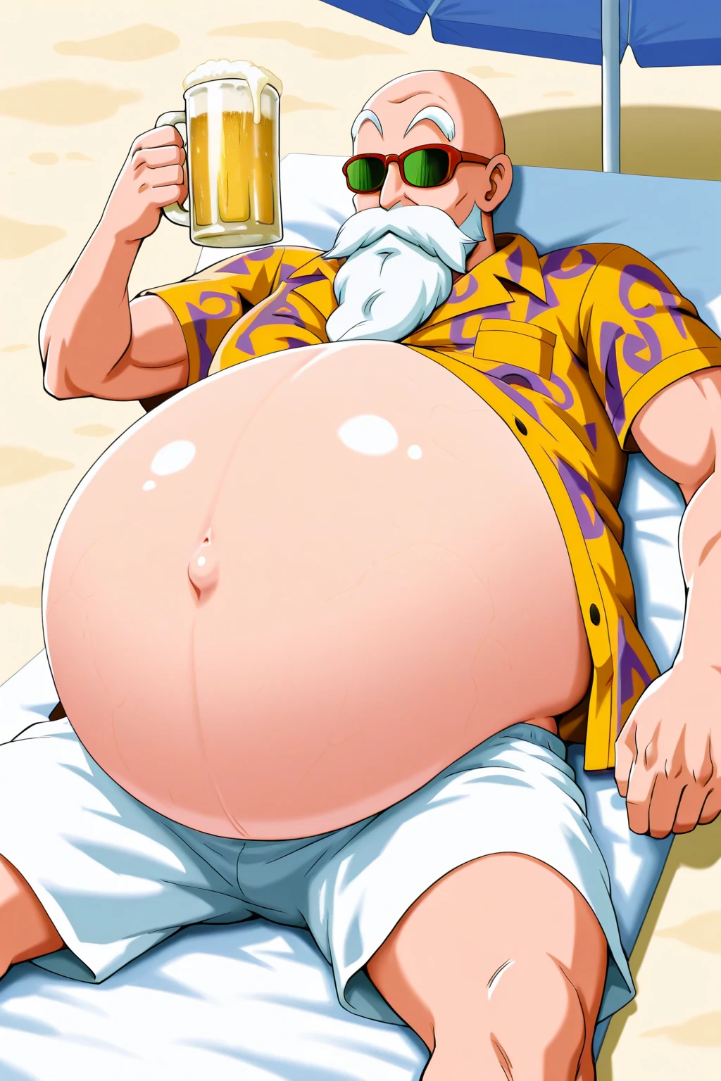 (((best quality, high resolution, masterpiece, best quality, detailed face, sharp eyes))), anime shootcap, 1boy, muscular male, sweaty, masterpiece, depth of field, beach, baseballplayer, looking at viewer, laxus_dreyar, (((full body))), yellow hair, chest tattoo, yellow lightning, spark, grin, dynamic pose, hot, handsome, (((pregnant belly))), (((Extra large up bulges penis dripping alot white semen))), (((nude)))