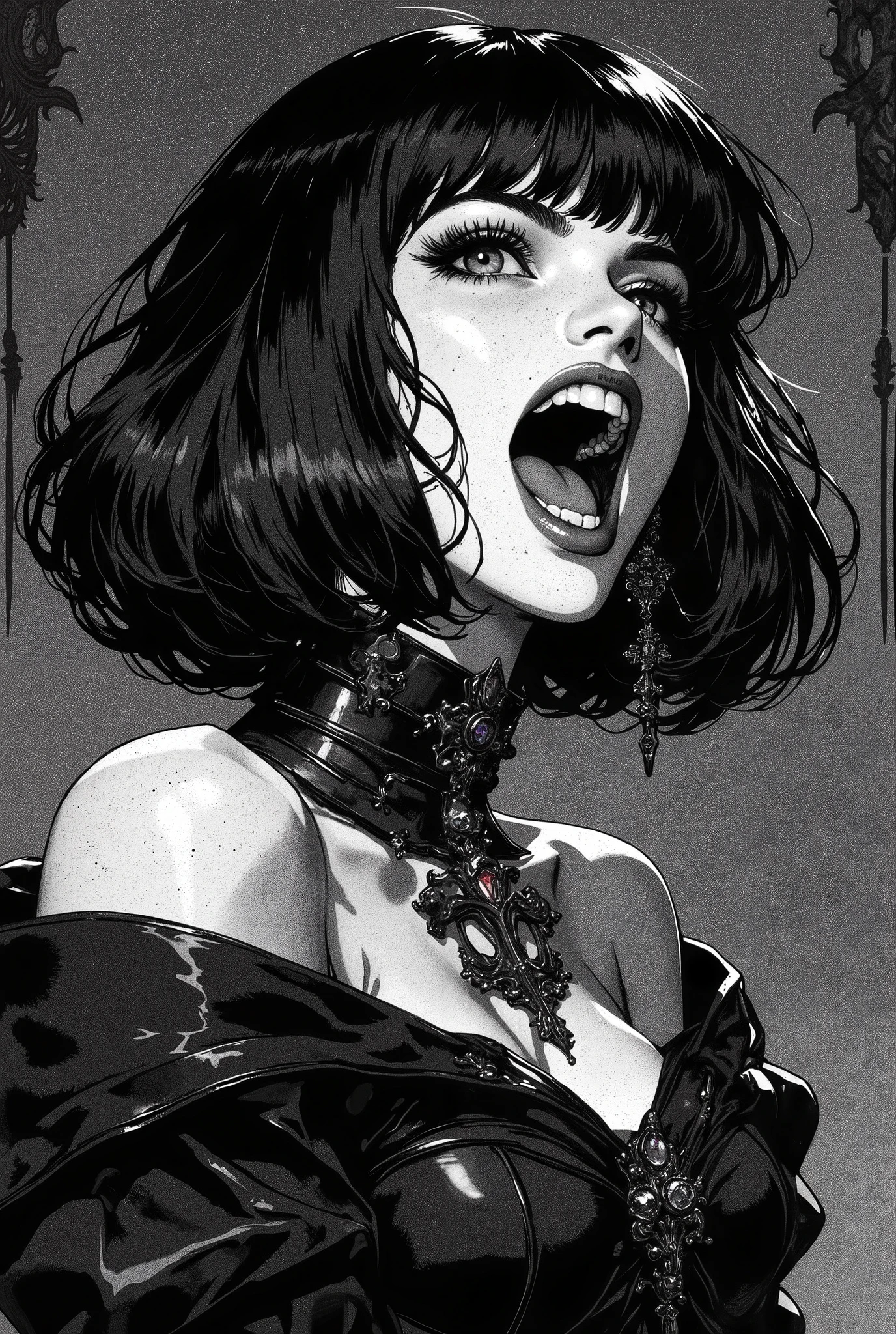 ( envelopes, sketch:1.2),realistic,Illustrator,animated,A vampire girl , showing her fangs, Nostalgic, depressive, gothic emblem in the chest,labios detallados, elegant black dress, bare shoulder,HABIT, (dark monochrome background),Neon hair,textured cutout, masterpiece, classic retro style, dark black, until, sketch book, (by the black bob:1.75 Neon:1.32), Bad women , Dark monochrome background