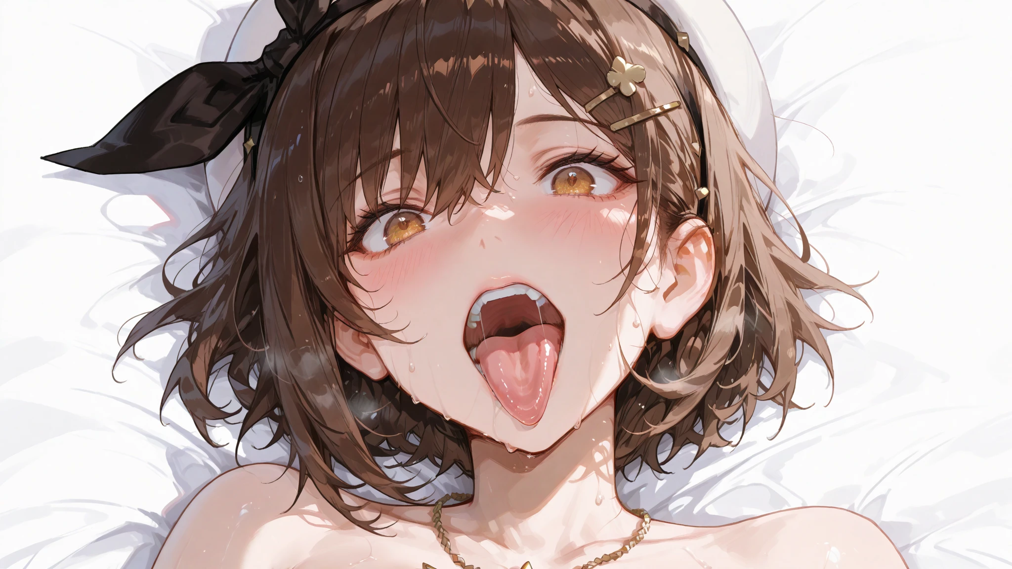absurdist, a highres, 超detailded, (Masterpiece, Best Quality, 超detailded), (Detailed background), (Beautiful detailed face), High Contrast, (Best Illumination, extremelydelicateandbeautiful), ((Cinematic light)), Colorful, hyper detailed, Dramatic light, Intricate details,  (1girls, 独奏, Puffy lips, thoughtful face, brown hair, ( Short curly hair: 1.2), Open mouth, Tongue out , Crying, smooth body, Soft skin, Medium breasts, perfect chest, Nice hands, Perfect hands), (white tank top), (laying on back:1.5), Bed, from above view