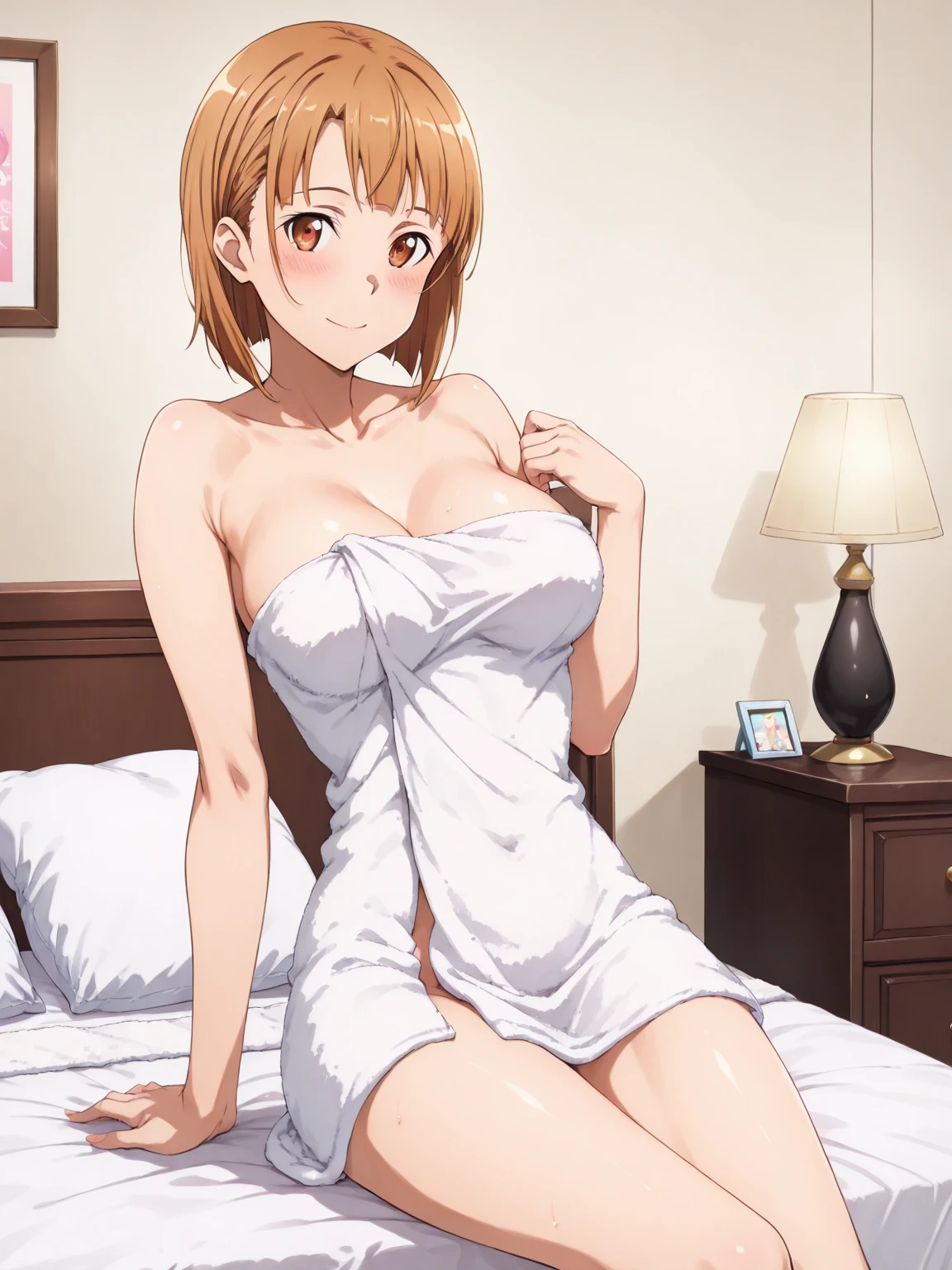 kikyou kushida, short hair, blonde hair, red eyes, hairband, hair intakes, wearing towel bedroom, 8k quality, best quality, big breast, sleepy, naked, cumshot, creampie, much cum, sleepy pose, excessive cum, cum on hair, cum on body, cum,cumonpussy, smile, fullbody