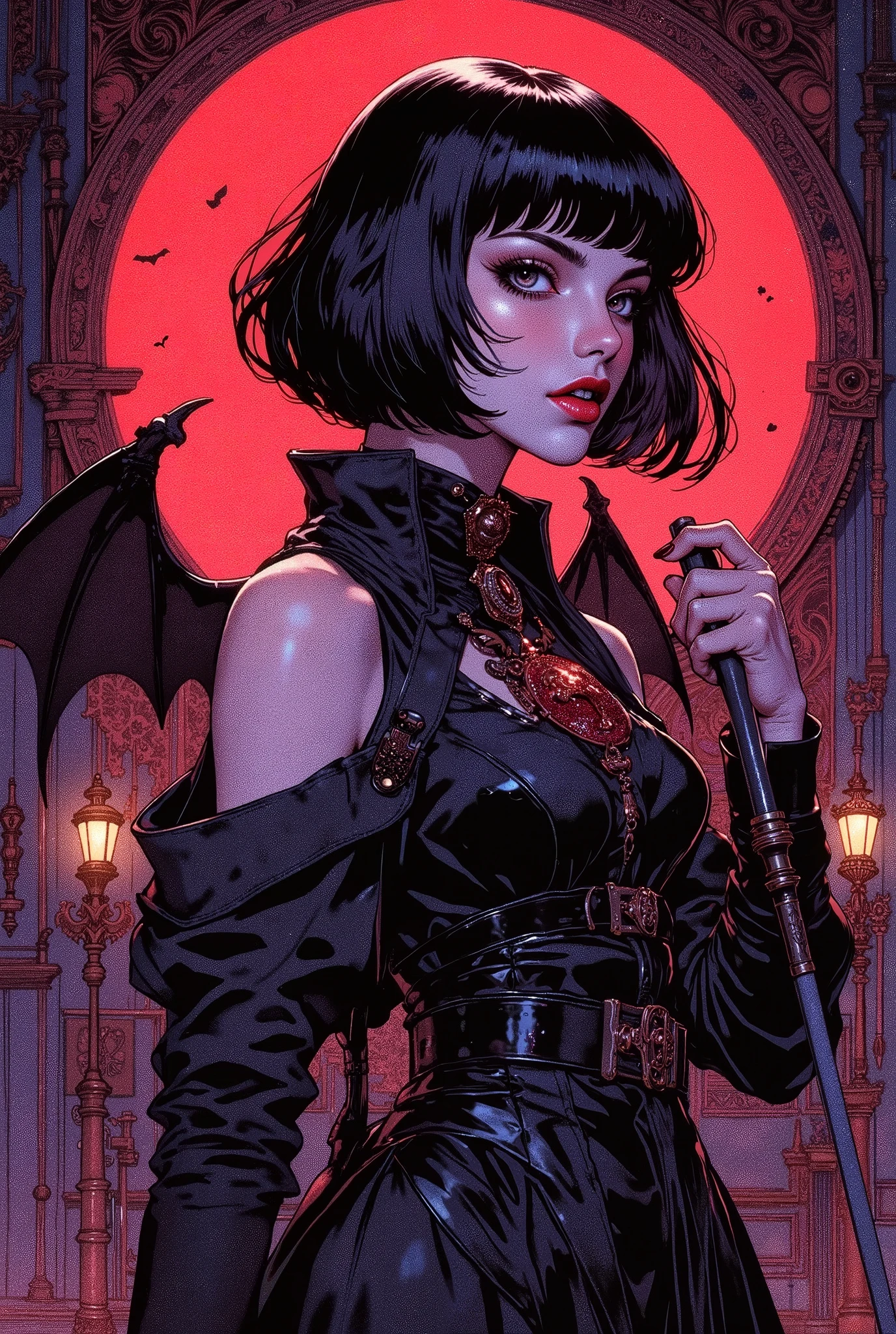 ( envelopes, sketch:1.2),realistic,Illustrator,animated,A vampire girl , showing her fangs, Nostalgic, depressive, gothic emblem in the chest, labios detallados, bat wings, elegant black dress, bare shoulder,HABIT, (dark monochrome background),Neon hair, micro luces new wave de fondo, textured cutout, masterpiece, classic retro style, dark black, until, sketch book, holding a little axe (by the black bob:1.75 Neon:1.32), Bad women , Dark monochrome background