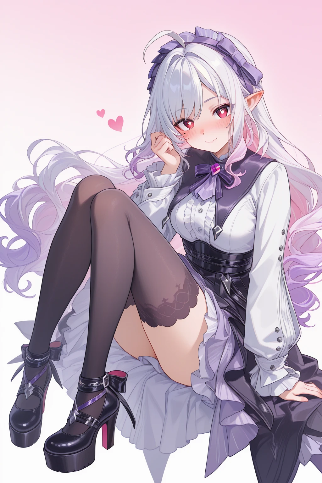 {best quality},{{masterpiece}},{highres},original,extremely detailed 8K wallpaper,{an extremely delicate and beautiful},1girl, solo, underwear, panties, purple hair, thighhighs, white panties, long hair, white thighhighs, white background, hair bun, boots, twintails, full body, simple background, double bun, bag, pointy ears, breasts, long sleeves, pantyshot, black footwear, garter straps, looking at viewer, black choker, skirt, choker, wide sleeves, shoulder bag, bangs, very long hair, purple eyes, black skirt, knees together feet apart, green jacket, white shirt, hair between eyes, shirt, medium breasts, pouch, smile