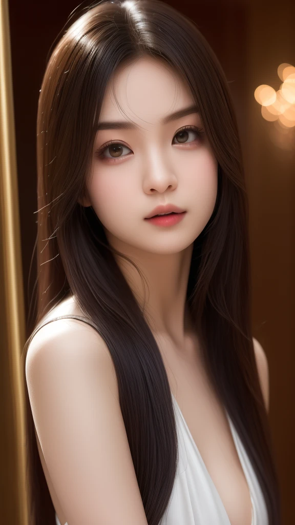 1girl, Solo, High Resolution, Long Hair, Breasts, Brown Hair, Large breasts, Open Mouth, Simple backgroundHyperrealism, Realism, Social Realism,