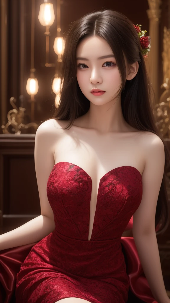 Close-up, (neon, night view, Dutch angle, from above, strapless: 1.3), masterpiece, top quality, raw photo, photorealistic, off-shoulder, red lace dress, red choker, reddish-purple eyes, up, upper body, cleavage, face light, shiny skin, film grain, chromatic aberration, absurdity, high resolution, ultra detail, detail, detailed eyes and face, sharp pupils, realistic pupils, sharp focus, sexy inviting pose, crotch open