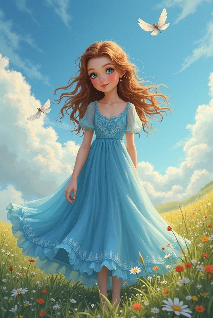 a 16 year old girl in a blue dress, wavy brown hair, blue eyes, soft atmosphere