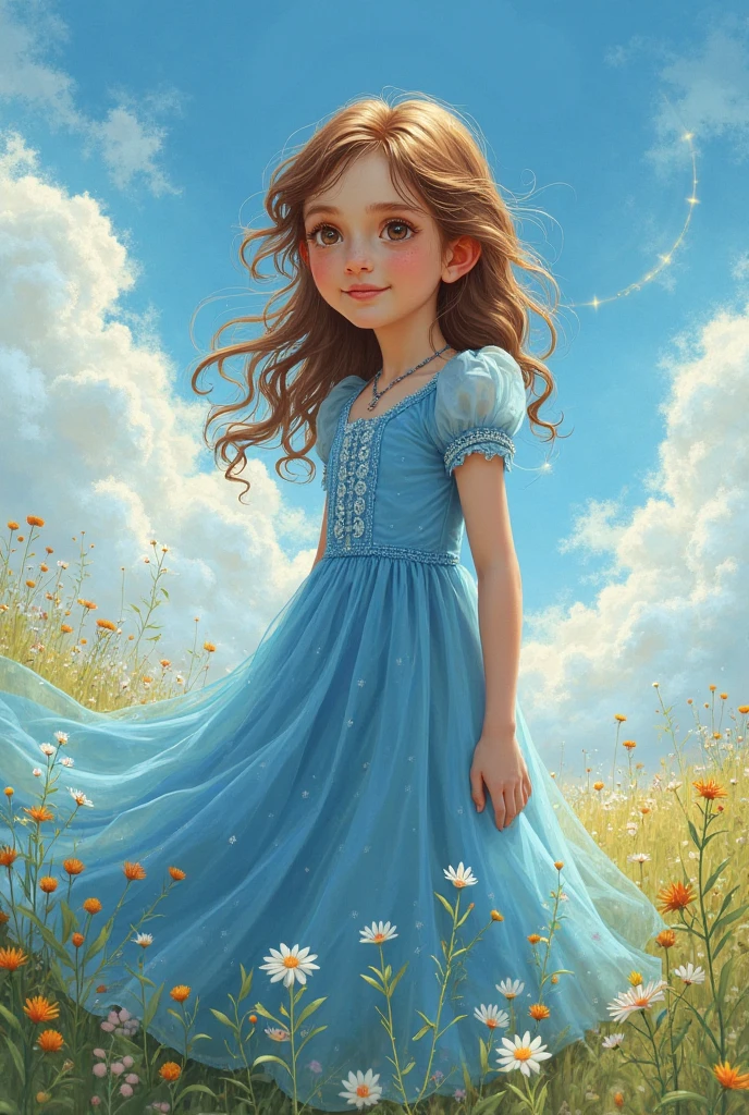 Illustration of a girl, 1 blonde child of 10 years, "happy" in an enchanted flower garden, wearing long dress of braco and blue color, blue sky of clouds, playing with butterflies, beautiful illustration, beautiful UHD 4k art, a beautiful art illustration, art in the style of guweiz, atey ghailan 8K, artgerm and atey ghailan, girl,  1 blonde child of 10 years, wearing long dress of white and blue color, happy in an enchanted flower jadim, playing with butterflies, (butterflies). (best quality, masterpiece), pose, particles, wind, flower, full body, enchanted garden background, looking at the butterflies. --auto