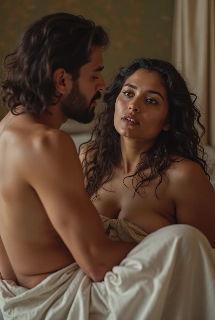 Pale skin bun hair kurdish nude woman talking with a Indian man in house  consistent fixed 