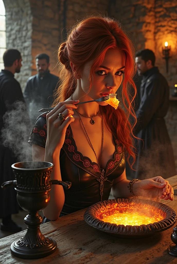 Victorian transwoman in Bridgeton style, at the siege of Helm's Deep, cooking Pad Thai for Gandalf the White