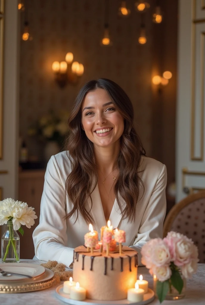 A beautiful lady is leaning forward, offering a birthday cake with a warm smile. The cake is decorated with elegant details, and the words "Happy Birthday Fereshteh" are written in high-quality icing. She is in a cozy, well-decorated living room filled with luxurious yet friendly furnishings, giving the scene a warm and inviting atmosphere.

