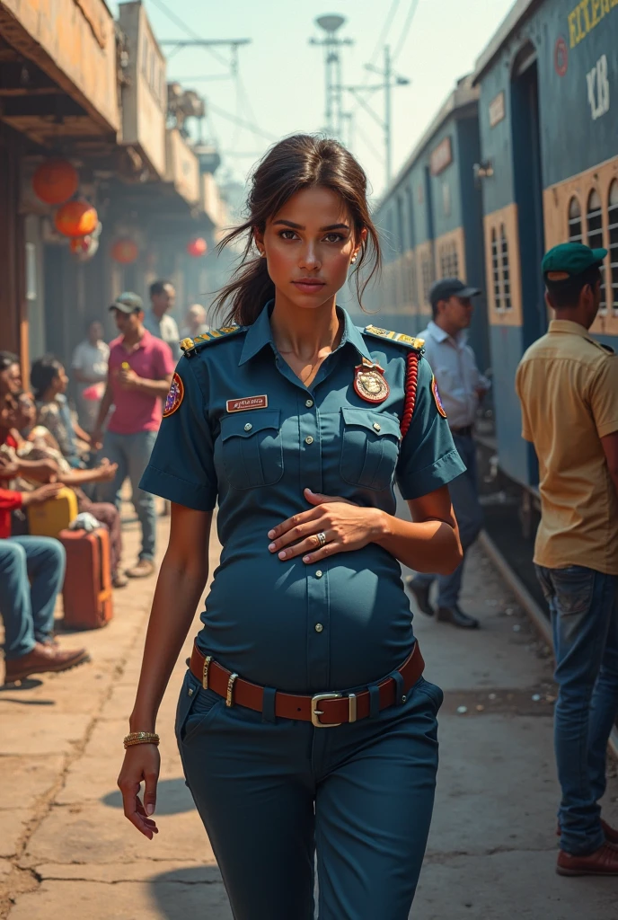 A pregnant male police officer stands in the rain holding a baby under an umbrella with one hand. She appears concerned and determined. The background shows a wet street with vehicles and people blurred by the rain. There is Hindi text at the top of the image. Environment monsoon rain