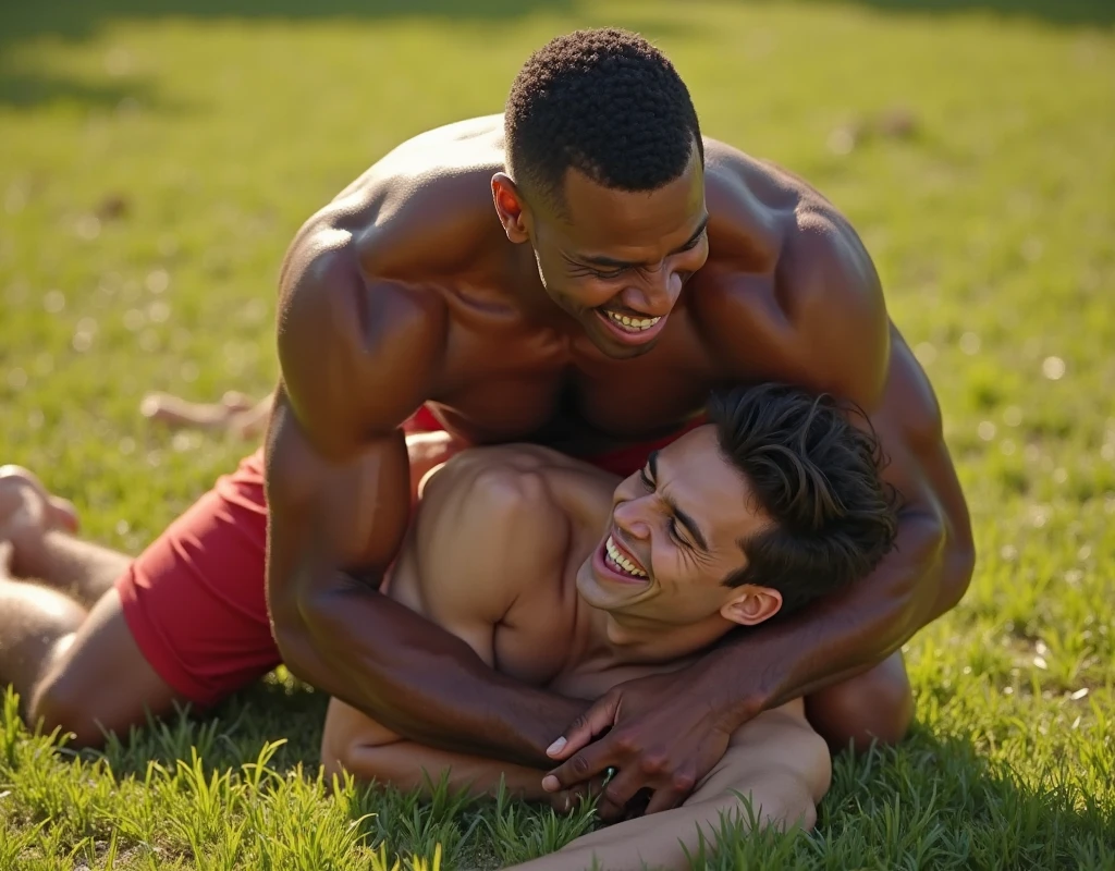 Gay couple of two men making love in the Garden of Eden, a beautiful garden, they are Brazilians of African descent with dark skin and short shaved hair, without clothes, completely in love without remembering love