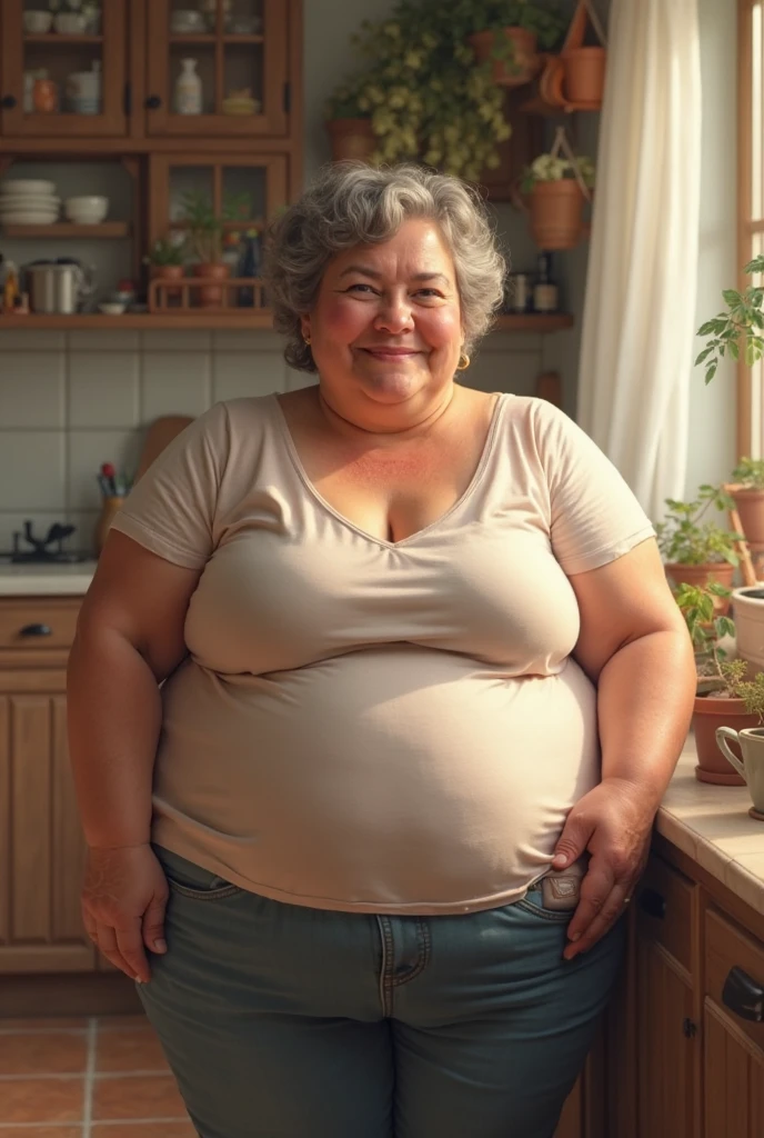 An elderly woman aged 65, of obese body weighing 75 kilos, with a strong facial expression and marked features and disheveled, loose black hair. She is 165cm tall and has thick legs and big breasts.. She wears white shorts that reach above her knees and a low-cut t-shirt.. She is seen standing in front of a stove smoking a cigarette.