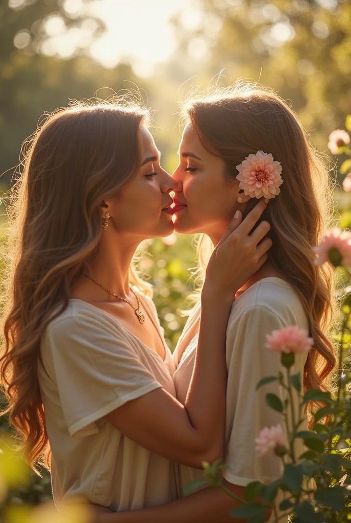  Two girls in park, one blonde and one brunette, sharing a kiss. One has a red logo on her shirt.
