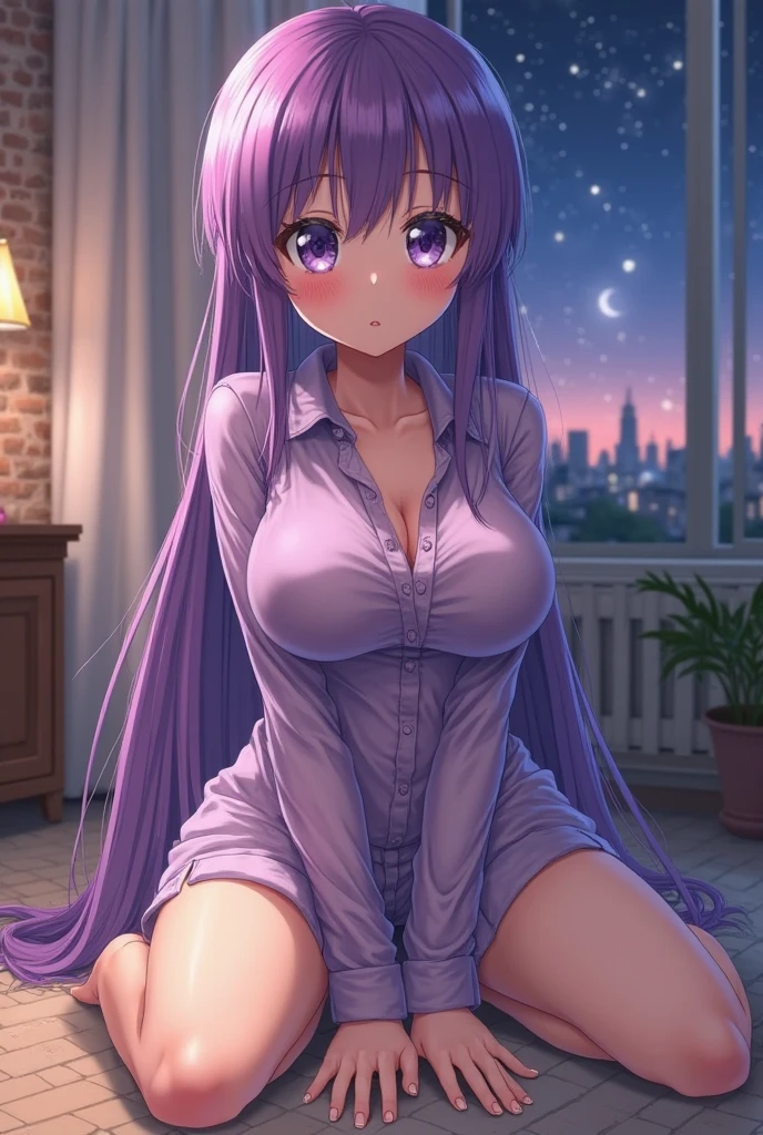 woman, very dark purple hair, purple eyes, long hair, large breasts, very long dress, very tight dress, standing, (wetting herself:1.5), best quality, ultra-detailed, HDR, studio lighting, professional, vivid colors, sharp focus, bokeh, landscape, love hotel, bed, night, window, cityscape, colorful city, neon lights, futuristic, science fiction, soft lighting, dynamic shadows, embarrassed, humiliation, blushing, naughty face, seductive expression, facing viewer, (pointing at own crotch:1.5)