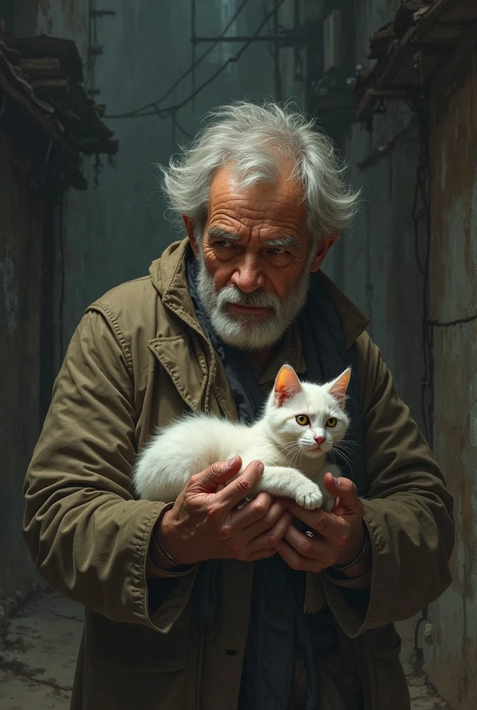 there is a old man made out of metal in underpants and shirtless with white beard il a un gros ventre, porte des lunettes, standing to a cute cat made out of metal, cyborg, cyberpunk style, steam-punk style, ((intricate details)), (best quality,4k,8k,highres,masterpiece:1.2), ((intricate details, realistic, photo-realistic, photo-realistic:1.37)), cinematic shot