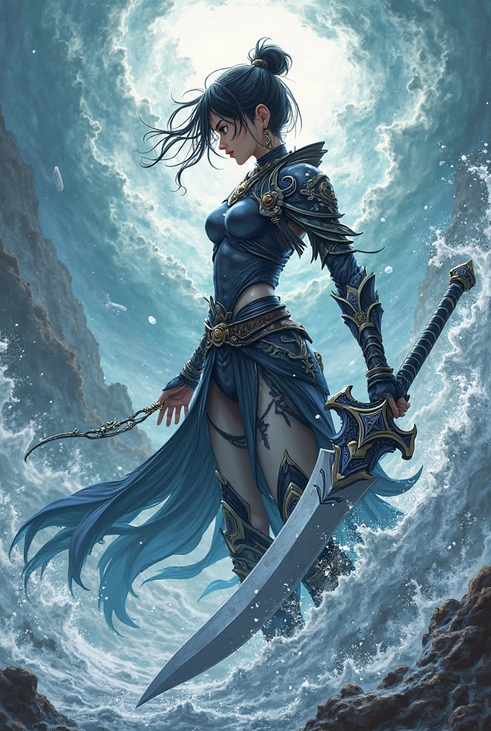 Imperial water,Wave model,Wave control,beachside,violent storm,sandbeach🏖🏖🏖, arma, The sword, Control of seawater, holdingweapon, 32K, Linen cloak, Top quality, Masterpiece:Faust,,1boys, long whitr hair, clouds, Squat in the water, (tmasterpiece,k hd,hyper HD,16k),clutching a sword, buliding, Reflectors, bloods, Eastern Asia, Weapon focus, Skysky, brunette color hair, knifes, trouser, swell sea, banya, The clothes ar, bandagens, sword sheath, 独奏