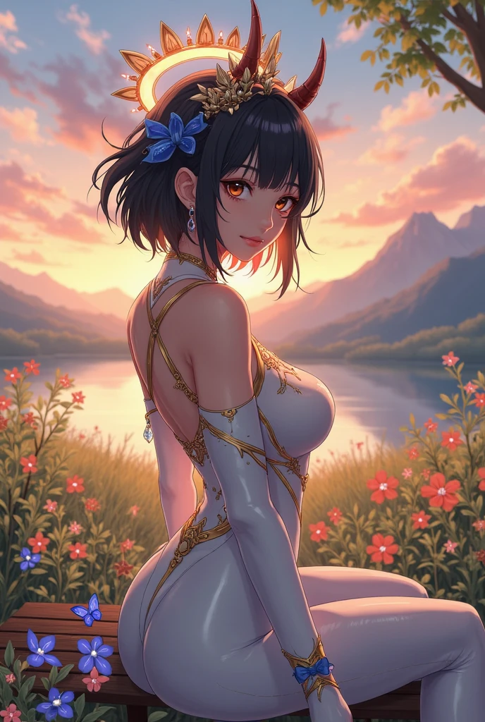 ((A sexy slutty milf sitting down on a big rock with a flower crown and wearing a black and white robe, her hair is long black and messy, and her eyes are blue, her skin is also pale)), (tenderness), (beautiful), (sitting on the ground), (angled camera shot), (looking away), (smooth surface), (cinematic), (softer tone), (beautiful lighting), (beautiful shadows), (bokeh lighting), ((bloom)), (high quality), (masterpiece), (very good parallax), (shimmering), (post-processing effects), (flower field with blue and purple flowers, river nearby), (sunset:1.4),