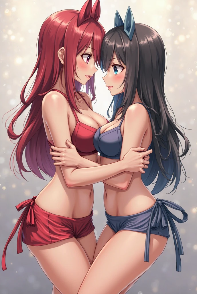 2 woman at the beach, wearing santa hats, drinks in hand, they are in two piece bikini swimming gear, happy looking tempting skinship vibes, holding each other, in the style of anime, simplified and stylized portraits, soft lighting, shiny/glossy