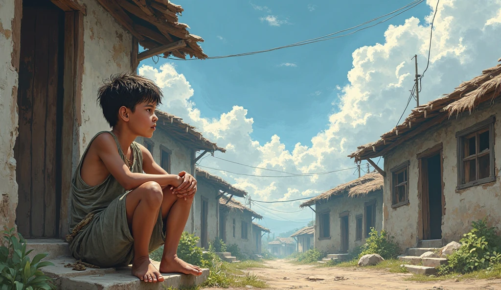 Kishan(a young man ) Sitting Alone Outside His Home: Kishan is sitting on the steps outside his small, modest village home, gazing into the distance with a contemplative look. The village is quiet, and while there are a few villagers passing by, none approach him. The expressions of those who notice him are a mix of respect and apprehension. The sun is setting, casting long shadows that emphasize Kishan’s solitude in the peaceful yet isolating atmosphere of the village.