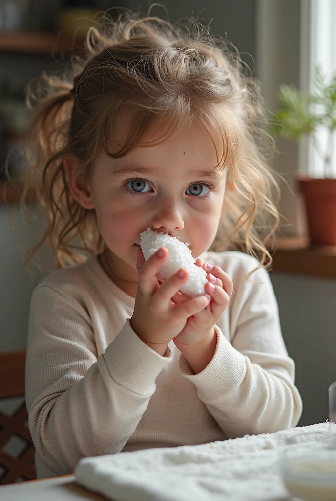 Little girl zombie holding cone of ice cream
made out of humen flesh and eating it birth day party