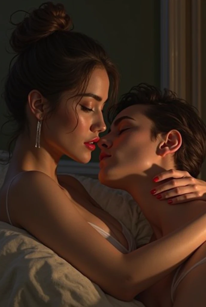 Create a image of a 25 year old indian girl in a room short black silky hair in bob hair style of girl hair  year old boyfriend kissing her neck from back