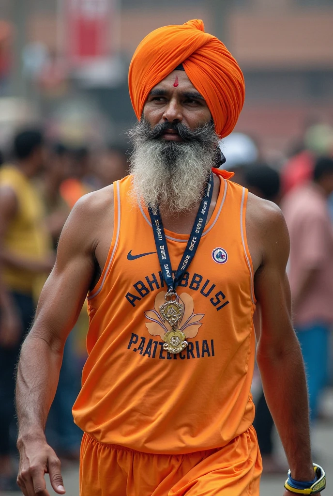 A old man Fitness trainer wearing turban at back saffran te written