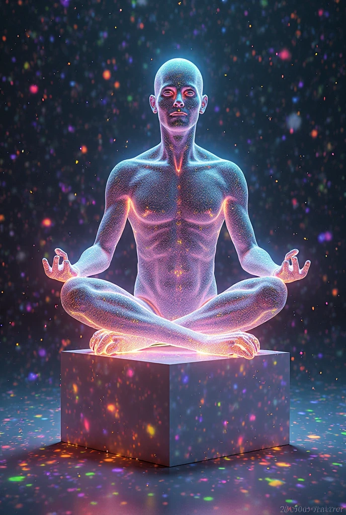 arafed image of a man meditating in a lotus position, a cyborg meditating, zen méditation cyberpunk, highly detailed zen neon, quality astral projection render, cosmic energy wires, psychedelic organic cyborg, aura of power. detailed, 3 d neon art of a womens body, physicality-based render, electric aura with particles, lotus pose