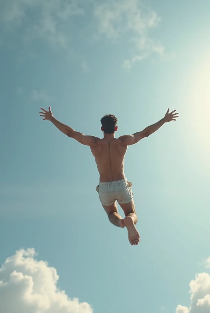 My self flying in the blue sky with muscular body