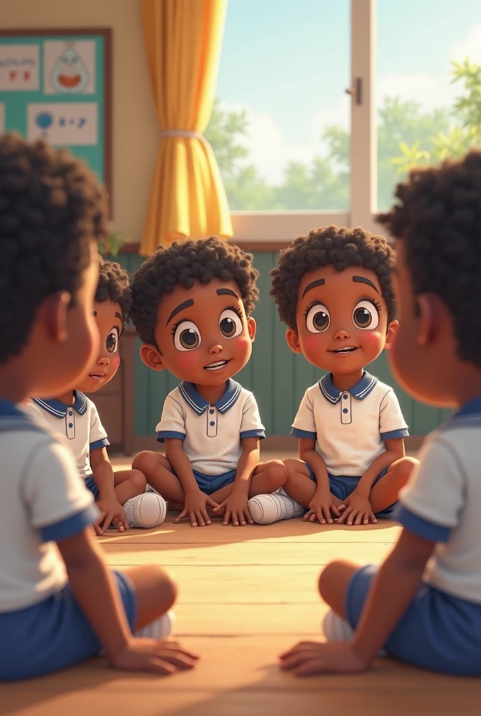 Black children sitting in a circle and one black child standing, 3d