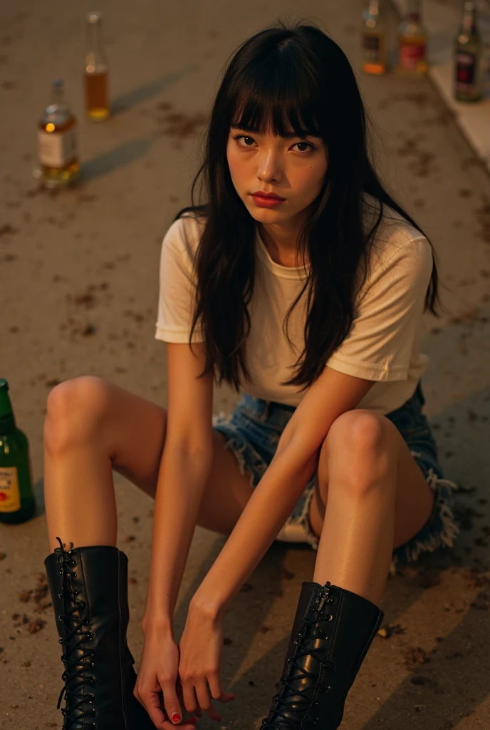 aespakarina,Bobcut,Beggar,beggar,(((Homeless))),abandoned style room,Crouching,Angry face,Bad complexion,Dirty,Full of trash,Korean,18-year-old,woman,Pitch black,Tattered clothes,(((Bad mood))),((( Oil,Mud stains,shit,dirty))),(((Frowning,カメラをGlaring))),((((Rubble pile))),Very fine eye, (((Wearing tattered black clothing,He's wearing ripped black pants))),(((Tragic))),((photograph)),(((Fabric Shading))), (((highest quality))), (((masterpiece))) strong girl, ((((Realistic)))),,Black Hair, chic hairstyle, ((With bangs,ストレートミディアムBobcut, nice hair)), Light makeup,Red eyes, (((I'm not wearing lipstick))), (nice, strong), Centered Images, Looking at the camera, Elegant colors,Realistic Skin,Realistic texture,8k,whole body,Pale skin,Red iris,Expressionless,Glaring,Perfect Face,(((Big eyes))),Holding a blank board