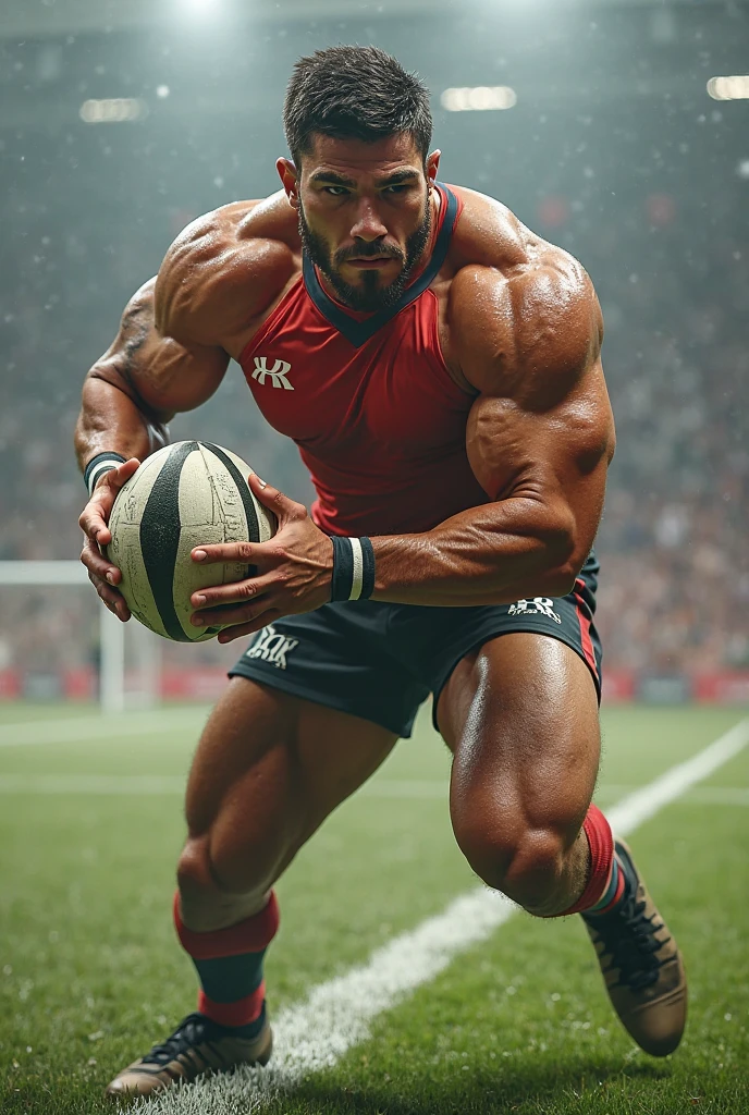 1ember、Rugby players、Running with a rugby ball、massive muscles、well-muscled、Huge body、Wearing a red and white striped uniform、Rugby Ball、Bearded、detail portrayal、Strong face、Blue glowing eyes、masutepiece, Best Quality,Dynamic movement, Simple background, Abstract,watercolor paiting, Light color background、((colorful senery)), Sideways,