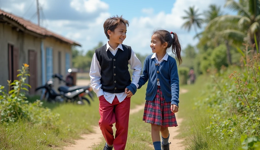 real potrait, full body, long shot, a 9 year old boy wearing an Indonesian elementary , red white color, berjalan bersama seorang anak kecil perempuan umur 9 tahun memakai seragam sekolah dasar indonesia red white color, wearing a red tie, walking on country roads, right and left there are rice plants, clear blue sky, happy to go to school, face facing forward