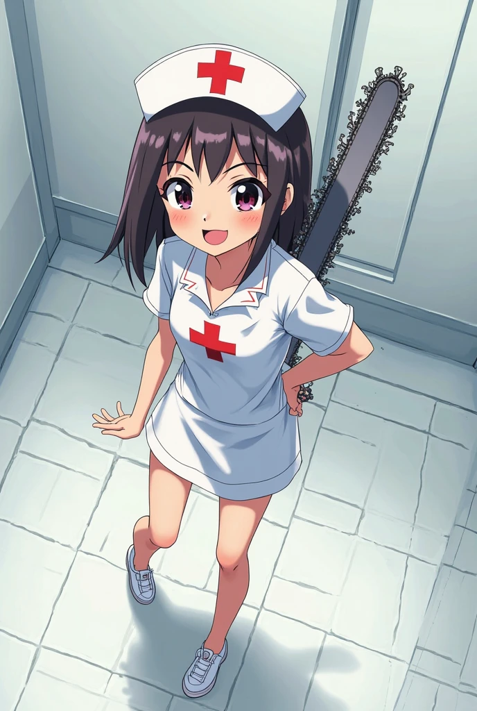 nagatoro hayase, brown eyes, black hair, bangs, long hair, dark skin, hairclip, solo, Nurse, ((White nurse cap, White nurse uniform)), ((White legwear, zettai ryouiki)), White Gloves, Show your teeth and smile, Standing, ((Hospital room)), sharp outline, Short sleeves, Best Quality, masutepiece