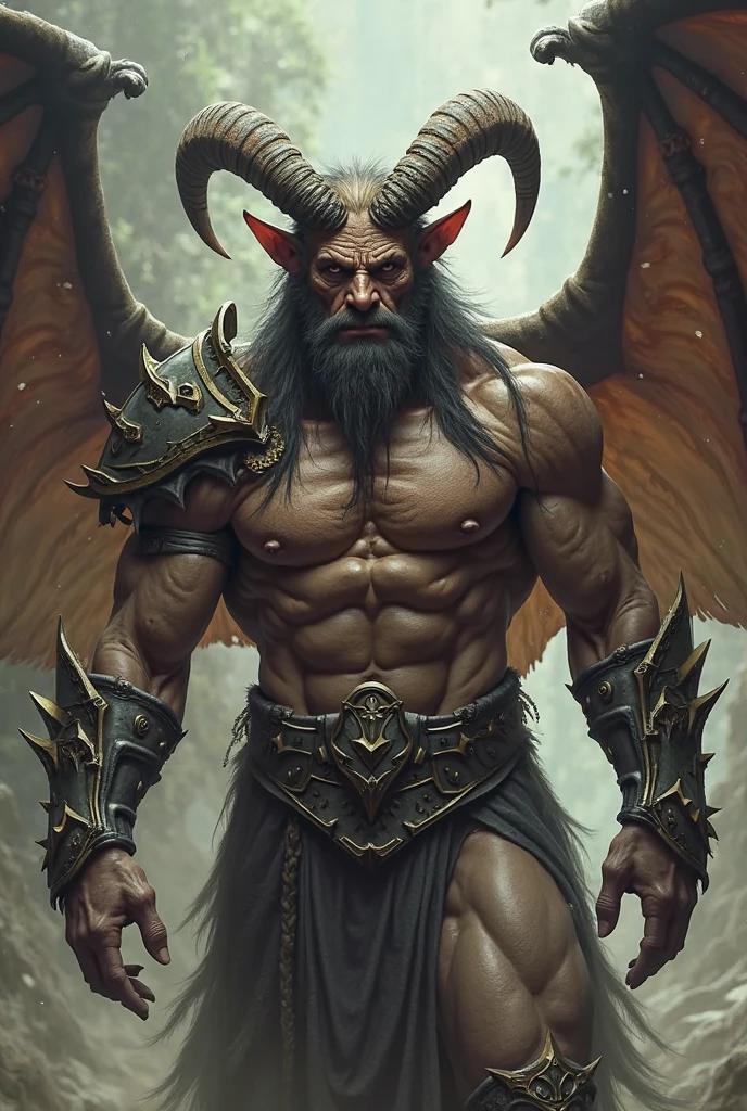 A gray-skinned demon, 3 meters tall, broken angel wings, white eyes and a charming smile, long semi-wavy black hair that is tied in a bun, big naked cock. With the huge cock, the cock measures about 30 to 40 cm, it is also thick