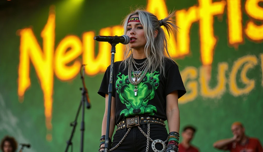 Live performance, close up photo of a (Seductive and ominous Swedish woman singer of a death metal band, blonde hair in viking braid, corpse paint), perfect face, wearing satanic and lewd pope outfit, inverted cross necklace, athletic body, small breasts, nice butt, [wide hips], (highly detailed skin), singing on stage, colorful stage lights, [spotlight], Paganism, ritual, film grain, photographed on a Hasselblad 500, 50 F4 cine lens, with Cinestill 800T color negative film, outdoors, death metal festival,  Nöjesfabriken, Sweden, dynamic angle, erotic, in lomostyle