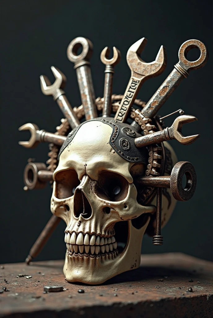 There is a metal sculpture of a skull made of metal, made up of many bits of metal, intricate mechanical body, portrait of a cyber skeleton, feito de metal intrincado e madeira, biomechanical sculpture, esqueleto detalhado texturizado, made from mechanical parts, of spiked gears of war skulls, close-up portrait goddess skull, fios cabos caveiras, Skeletal, Esqueleto cyberpunk